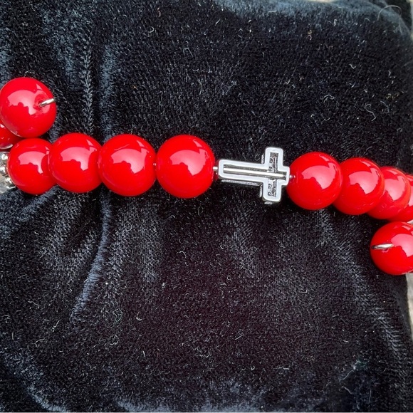 Hand Crafted Wrap Bracelet Bright Red Clear Crystals Black Pave Cross Coil - Picture 10 of 12